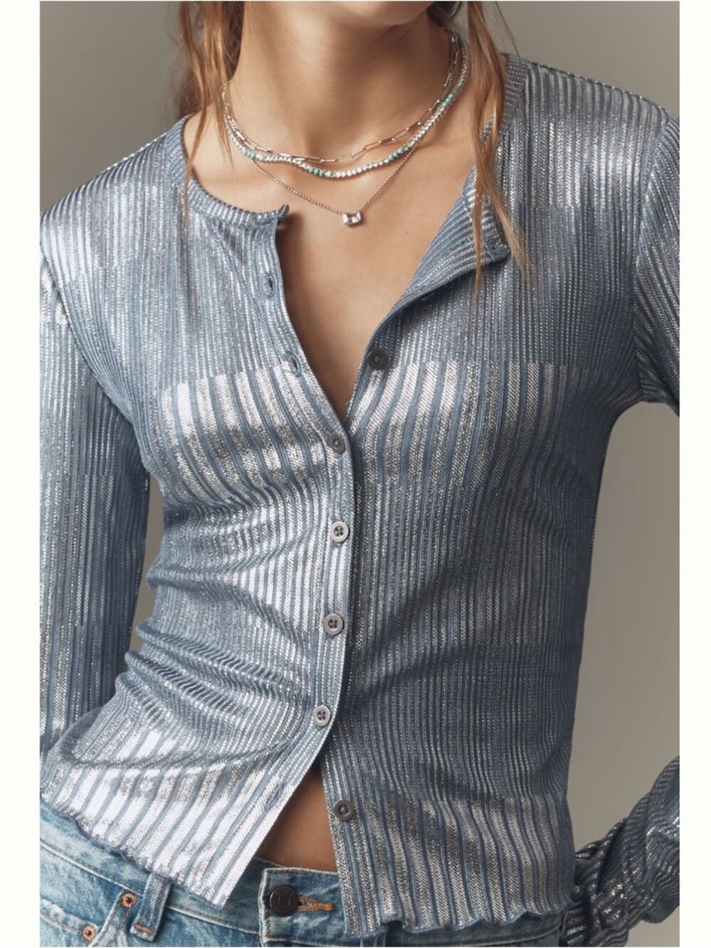 Anthropologie The Andie Shimmer Ribbed Cardigan Top in Metallic Blue Size M